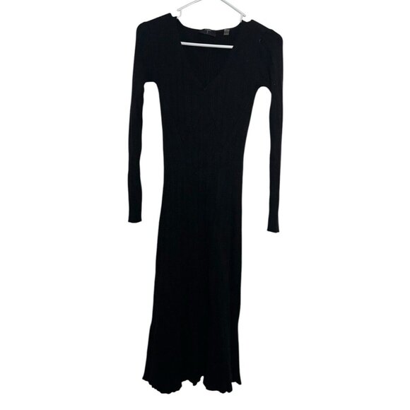 T Tahari Womens Ribbed Midi Sweater Dress Sz XS Black Long Sleeve V Neck - Picture 1 of 7